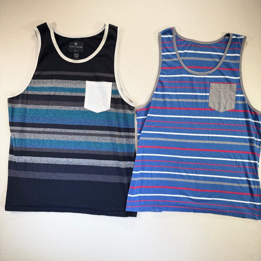 Carbon & Shouthouse Mens Striped Pocket Tank Tops Lot of 2 Large Blue Black L